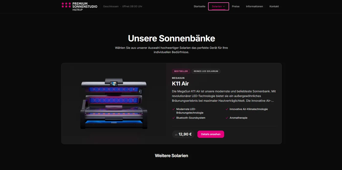 Unterseite „Unsere Sonnenbänke" mit der MegaSun K11 Air