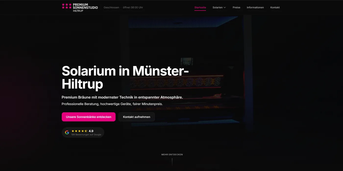 Startseite des Premium Sonnenstudio Hiltrup: „Solarium in Münster-Hiltrup", 4,9 Sterne bei Google